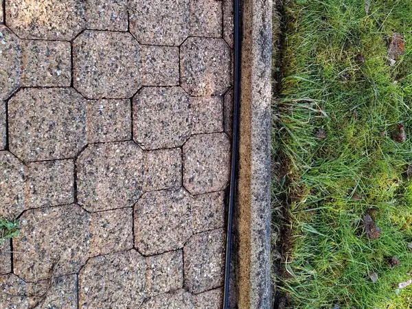 Allée pavée nettoyée avec bordure dégagée le long de la pelouse